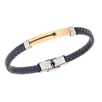 Βραχιόλι Senza Men&#039;s Gold Plated Steel, Black Leather Strap, δίχρωμο με μαύρη πέτρα