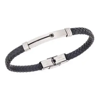Βραχιόλι Senza Men&#039;s Steel, Black Leather Strap, με μαύρη πέτρα