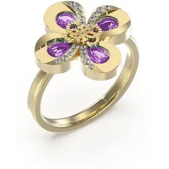 GUESS STEEL Amazing Blossom Χρυσό Δαχτυλίδι Λουλούδι Με Μωβ Πέτρες JUBR03061JWYGPR