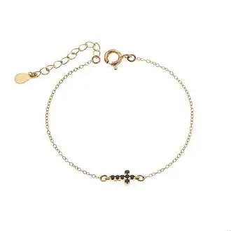 Βραχιόλι Senza Silver 925 Gold Plated, σταυρός με μαύρα &amp; λευκά ζιργκόν διπλής όψης