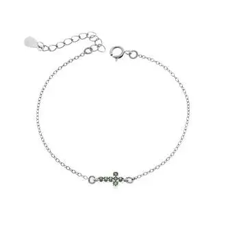 Βραχιόλι Senza Silver 925, σταυρός με πράσινα &amp; λευκά ζιργκόν διπλής όψης