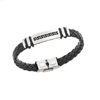 Βραχιόλι Senza Men&#039;s Steel, Ατσάλι με μαίανδρο και μαύρη δερματίνη