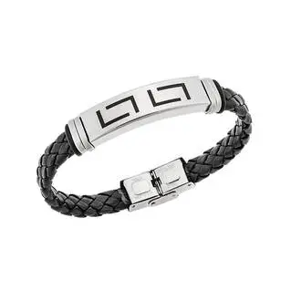 Βραχιόλι Senza Men&#039;s Steel, Ατσάλι με μαίανδρο και μαύρη δερματίνη