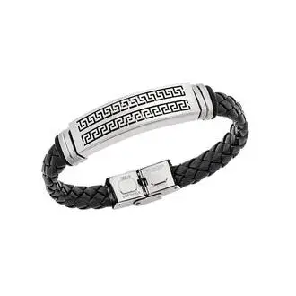 Βραχιόλι Senza Men&#039;s Steel, Ατσάλι με διπλή σειρά μαίανδρο και μαύρη δερματίνη