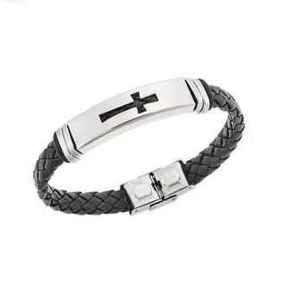 Βραχιόλι Senza Men&#039;s Steel, Ατσάλι με σταυρό και μαύρη δερματίνη