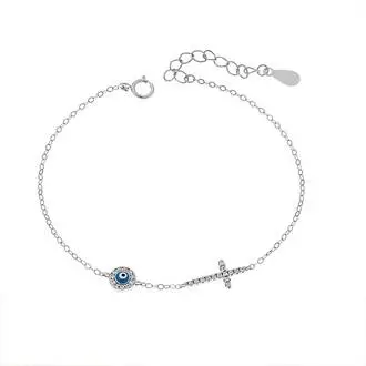Βραχιόλι Senza Silver 925, ματάκι γαλάζιο με σμάλτο και σταυρός με ζιργκόν