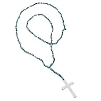Κολιέ Men&#039;s Senza Hematite &amp; Turquoise Stones with Steel Cross
