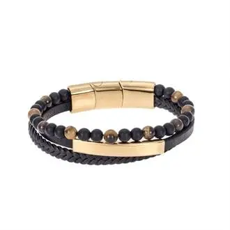 Βραχιόλι Senza Men&#039;s Steel Black Leather Strap