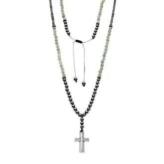 Κολιέ-Ροζάριο Unisex Senza Hematite &amp; Aventurine Stones with Steel Cross