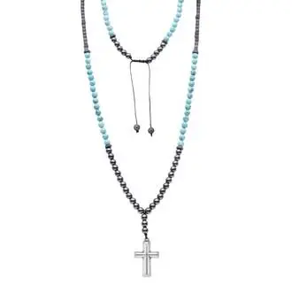 Κολιέ-Ροζάριο Unisex Senza Hematite &amp; Turquoise Stones with Steel Cross