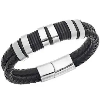 Βραχιόλι Senza Men&#039;s Steel Black Leather Strap