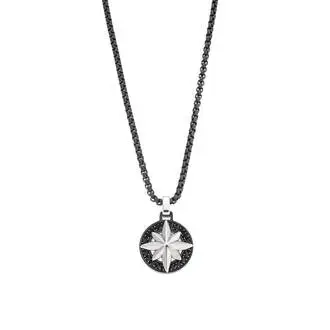 Κολιέ Senza Men&#039;s Steel, Δίχρωμη Πυξίδα από Ατσάλι με μαύρη καδένα