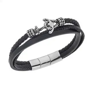 Βραχιόλι Senza Men&#039;s Steel Black Leather Strap, τριπλό δέρμα με άγκυρα