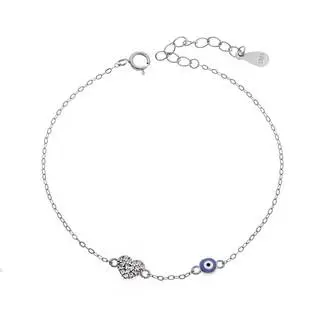 Βραχιόλι Senza Silver 925, Μάτι με μπλε σμάλτο και καρδιά με ζιργκόν