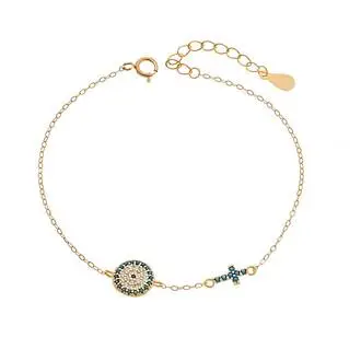 Βραχιόλι Senza Silver 925 Gold Plated, Μάτι-στόχος και σταυρός με τυρκουάζ ζιργκόν
