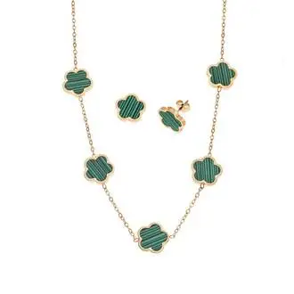 Σετ Γυναικείο Senza Gold Plated Stainless Steel, Κολιέ και σκουλαρίκια με πράσινες μαργαρίτες