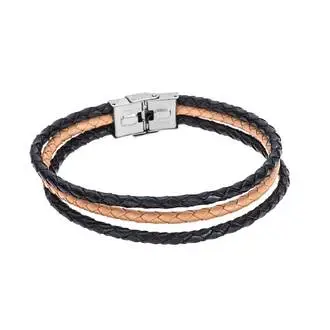 Βραχιόλι Senza Men&#039;s Steel Black &amp; Beige Leather Strap