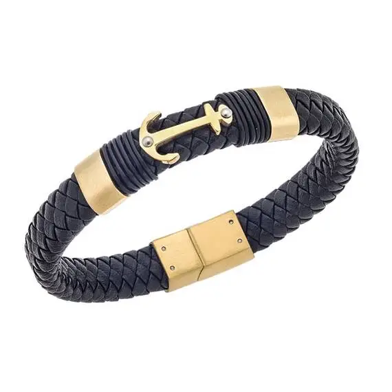 Βραχιόλι Senza Men&#039;s  Steel Gold Plated Anchor With Black Leather