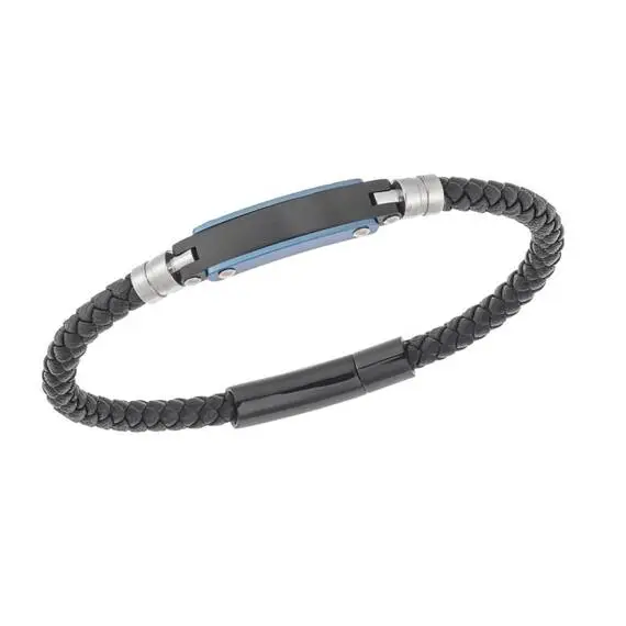 Βραχιόλι Senza Men&#039;s Silver &amp; Blue Stainless Steel With Black Leather