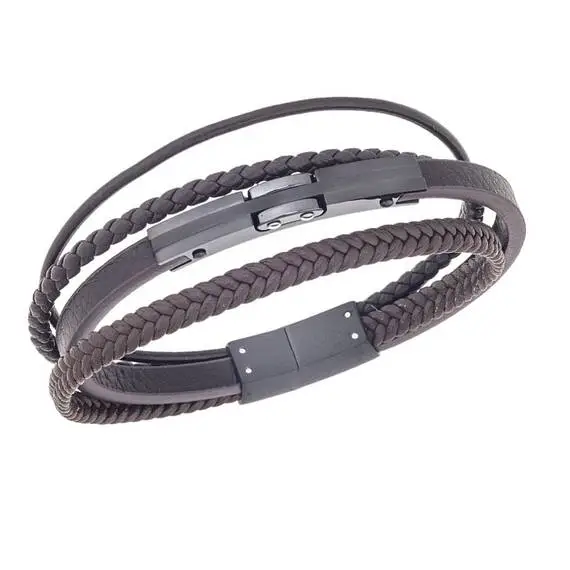 Βραχιόλι τριπλό Senza Men&#039;s Steel, Brown Leather Strap, με μαύρο σχέδιο