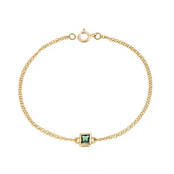 Βραχιόλι Senza Silver 925 Gold Plated, τετράγωνο με πράσινο ζιργκόν