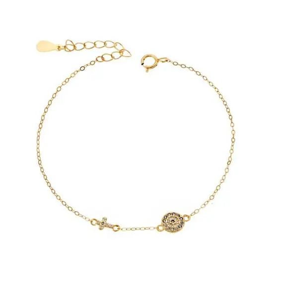 Βραχιόλι Senza Silver 925 Gold Plated, Ματάκι γαλάζιο και σταυρός με ζιργκόν