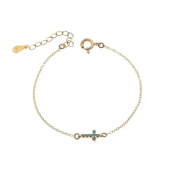 Βραχιόλι Senza Silver 925 Gold Plated, σταυρός με τυρκουάζ &amp; λευκά ζιργκόν διπλής όψης