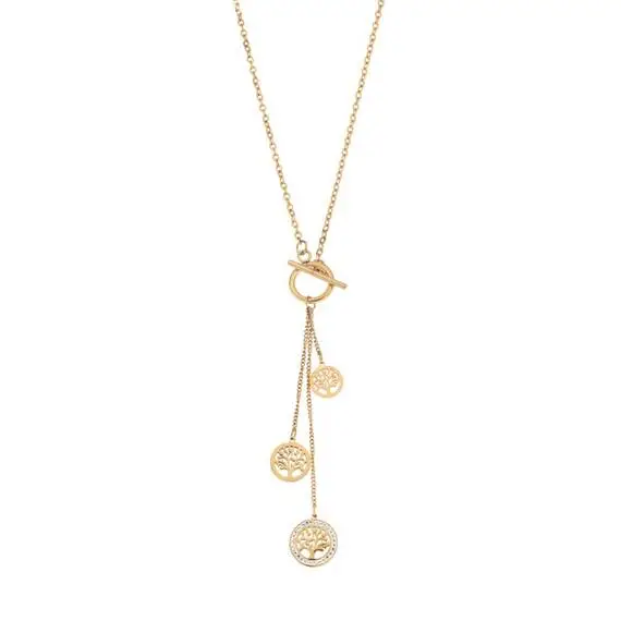 Κολιέ Senza Gold Plated Stainless Steel, Τριπλό Δέντρο της Ζωής με λευκές πέτρες