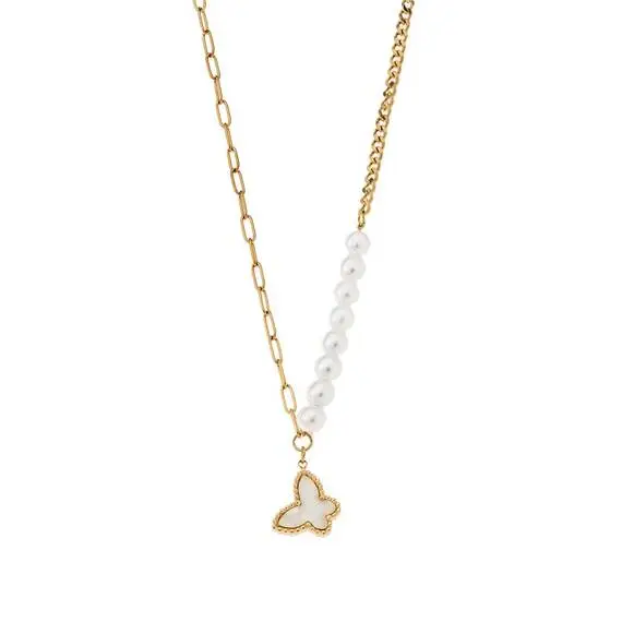 Κολιέ Senza Gold Plated Stainless Steel, Πεταλούδα με φίλντισι και πέρλες