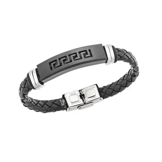 Βραχιόλι Senza Men&#039;s Steel, Ατσάλι με μαίανδρο και μαύρη δερματίνη