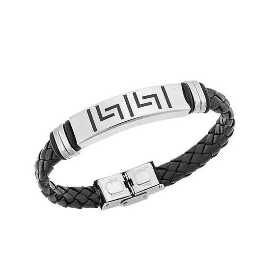 Βραχιόλι Senza Men&#039;s Steel, Ατσάλι με μαίανδρο και μαύρη δερματίνη
