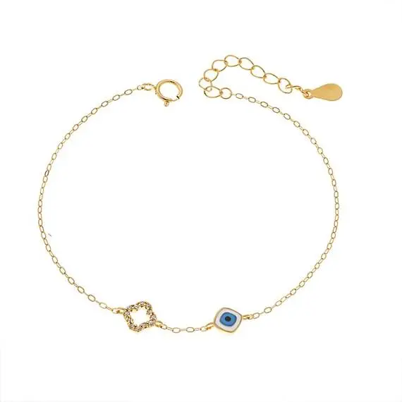 Βραχιόλι Senza Gold Plated Silver 925, Ματάκι λευκό &amp; γαλάζιο με σμάλτο και σταυρό με ζιργκόν
