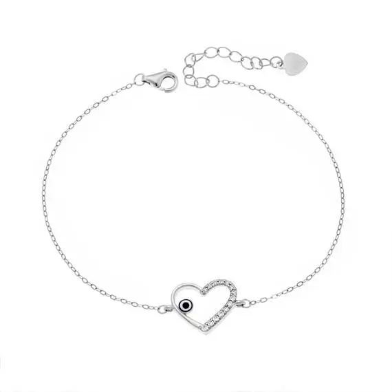 Βραχιόλι Senza Silver 925, Ματάκι μπλε και καρδιά με ζιργκόν