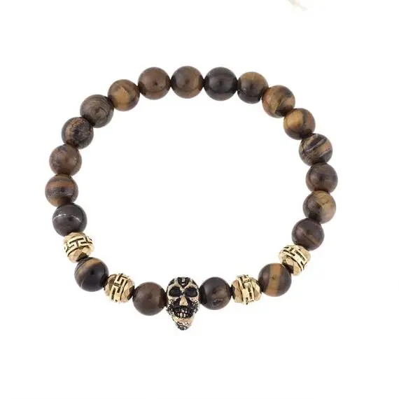 Βραχιόλι Senza Men&#039;s Brown Tiger Eye Stones with Skull