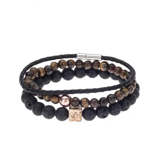 Βραχιόλια Senza Men&#039;s Lava &amp; Tiger Eye Black &amp; Brown Set