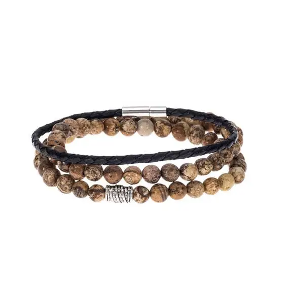 Βραχιόλια Senza Men&#039;s Black Leather &amp; Yellow Jasper Set