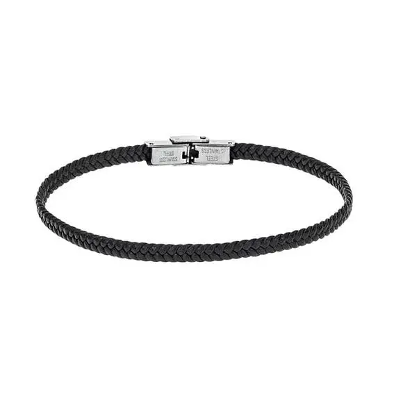 Βραχιόλι Senza Men&#039;s Steel Black Leather Strap
