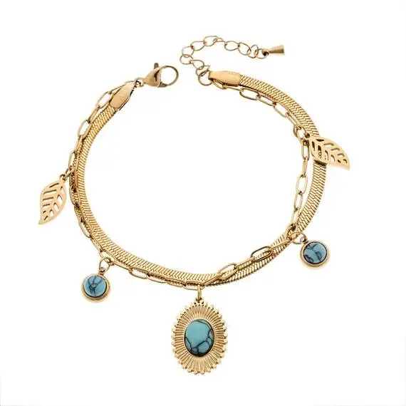 Βραχιόλι Senza Steel Gold Plated, Διπλό αλυσιδωτό με τυρκουάζ πέτρες