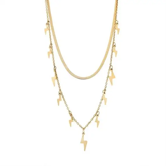 Κολιέ Senza Stainless Steel Gold Plated, Διπλή αλυσίδα με κρεμαστούς κεραυνούς