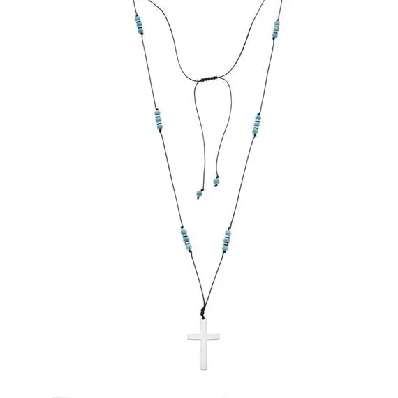 Κολιέ Unisex Senza Hematite &amp; Turquoise Stones with Steel Cross