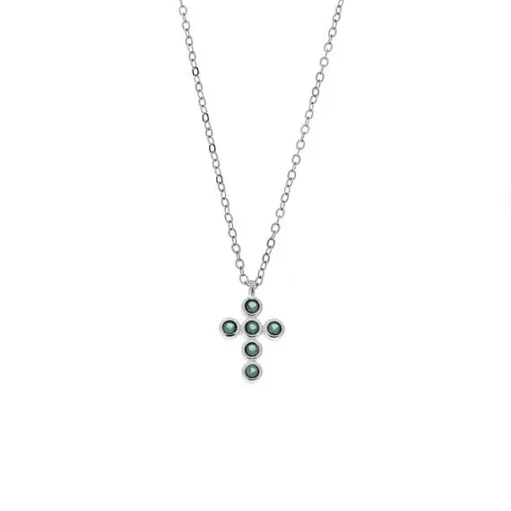 Μενταγιόν Senza Silver 925, σταυρουδάκι με πράσινα ζιργκόν