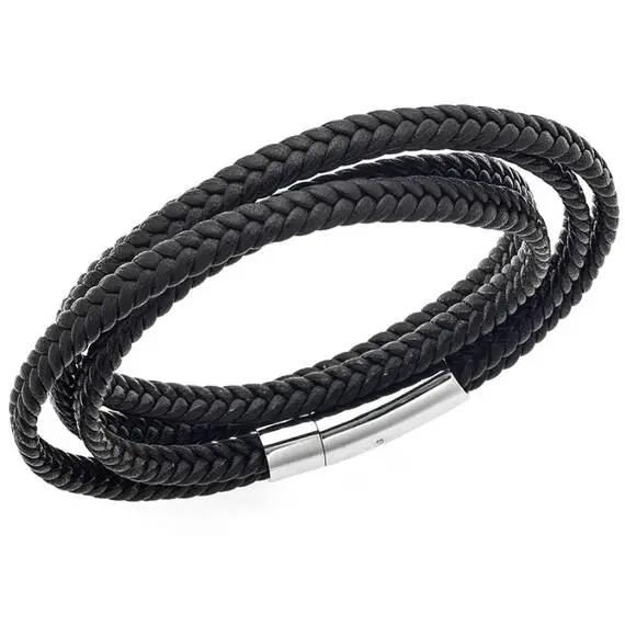 Βραχιόλι Senza Men&#039;s Steel Black Leather Strap