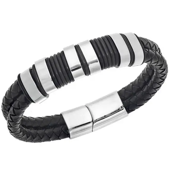 Βραχιόλι Senza Men&#039;s Steel Black Leather Strap