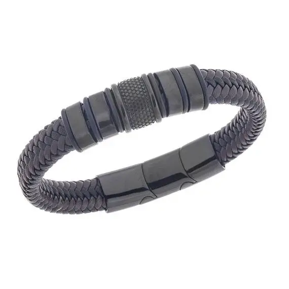 Βραχιόλι Senza Men&#039;s Steel Black Leather Strap
