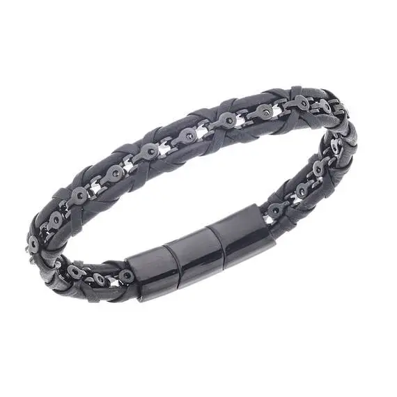 Βραχιόλι Senza Men&#039;s Steel Black Leather Strap