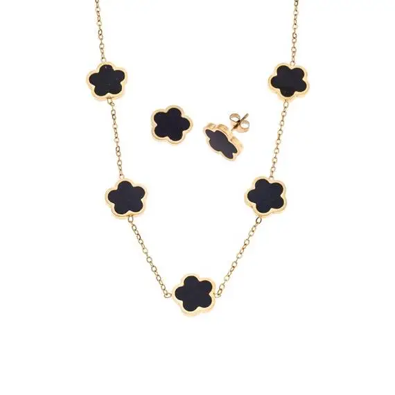 Σετ Γυναικείο Senza Gold Plated Stainless Steel, Κολιέ και σκουλαρίκια με μαύρες μαργαρίτες