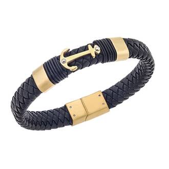 Βραχιόλι Senza Men&#039;s  Steel Gold Plated Anchor With Black Leather