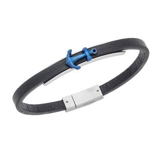 Βραχιόλι Senza Men&#039;s Steel, Black Leather Strap With Blue Anchor