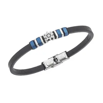 Βραχιόλι Senza Men&#039;s Steel, Black Leather Strap