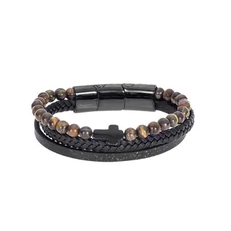 Βραχιόλι Senza Men&#039;s Steel Black Leather Strap with Cross